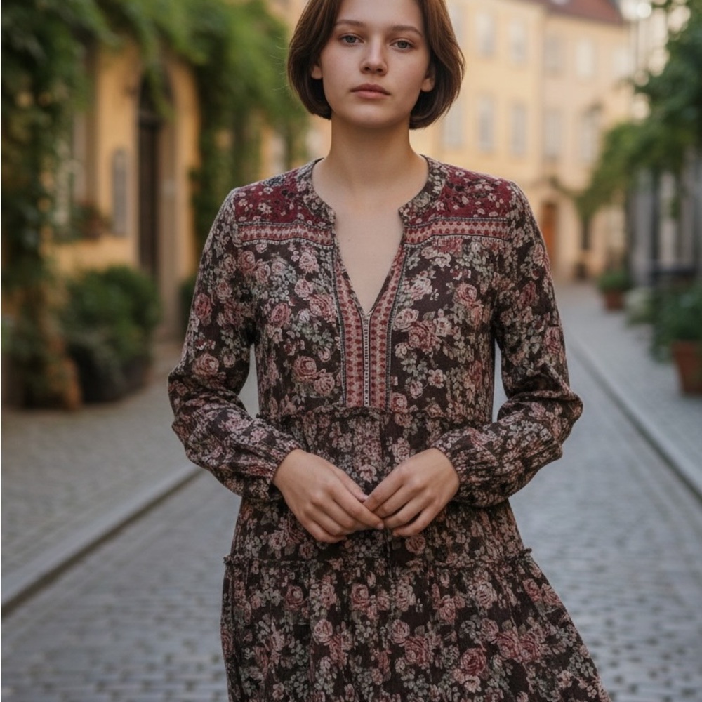 Haley London Long Sleeve Tiered Mini Dress Size Small Brown Floral Boho Hippie